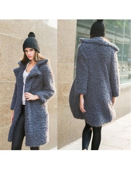 Women Winter Wool Overcoat Faux Fur Coat Turn Down Collar Long Cardigan Coat