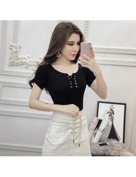 Lace-up Pullover Round Collar Short Sleeve Knitted Shirts Slim-fit Solid Color