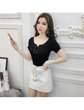 Lace-up Pullover Round Collar Short Sleeve Knitted Shirts Slim-fit Solid Color