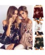 Women Off Shoulder Blouses Shirts Floral Printed Tops Flare Sleeve Tops Shirts