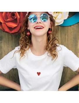 Women Short Sleeve T-Shirt Casual O Neck Ladies Heart Embroidery Shirt Tops