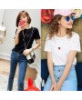 Women Short Sleeve T-Shirt Casual O Neck Ladies Heart Embroidery Shirt Tops