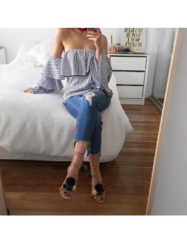 Summer Women Fashion All-match Style Striped Sexy Off Shoulder Strapless Shirt