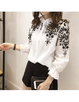 Spring Summer Women Long Sleeves Floral Embroidery Stand-up Collar Shirt