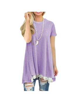 Short Sleeve O-neck Women T-shirt Stitching Lace Fashion Loose Long T-shirt