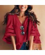 Fashion Mesh Patchwork Women T-shirt V-Neck Three Quarter Sleeve Loose Tops