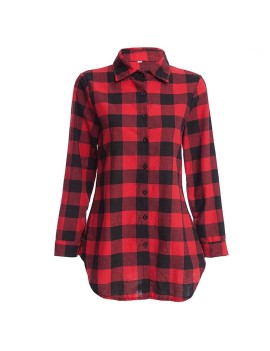 Female Lapel Long Section Plaid Shirt Women Slim Outerwear with Long Sleeves