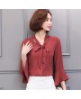 Spring Women Casual Slim Pagoda Sleeves V-neck Bowknot Ribbon Chiffon Shirt