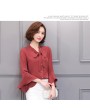 Spring Women Casual Slim Pagoda Sleeves V-neck Bowknot Ribbon Chiffon Shirt