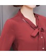 Spring Women Casual Slim Pagoda Sleeves V-neck Bowknot Ribbon Chiffon Shirt