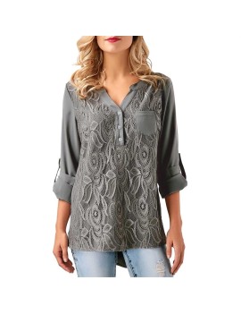 Solid Color Sexy Lace-Stitching Shirt Long-sleeved V-neck Blouse for Female