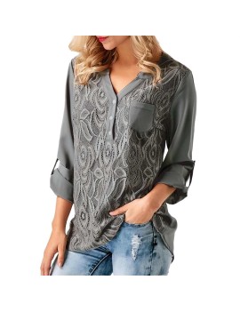 Solid Color Sexy Lace-Stitching Shirt Long-sleeved V-neck Blouse for Female