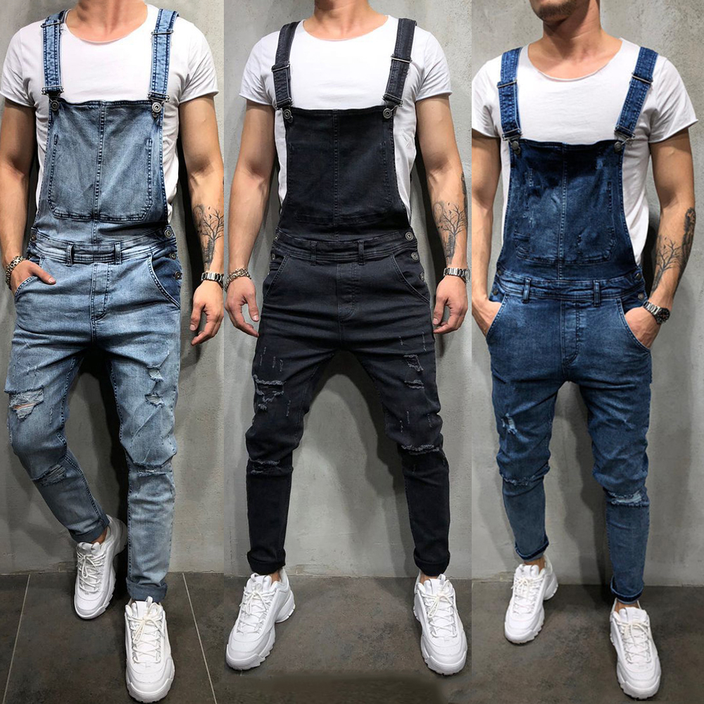 Men Distressed Denim Carpenter Overalls Bib Rompers Moto Biker Jean Jumpsuits Pants